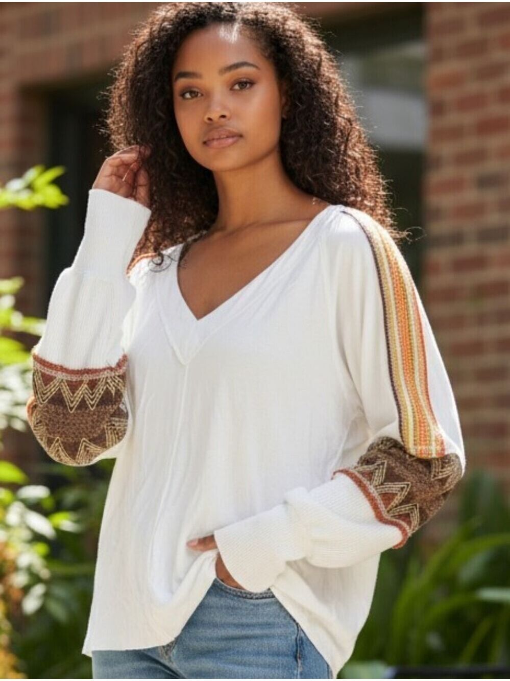 POL White V-Neck Top with Striped & Patterned Sleeve Accents #LS4
